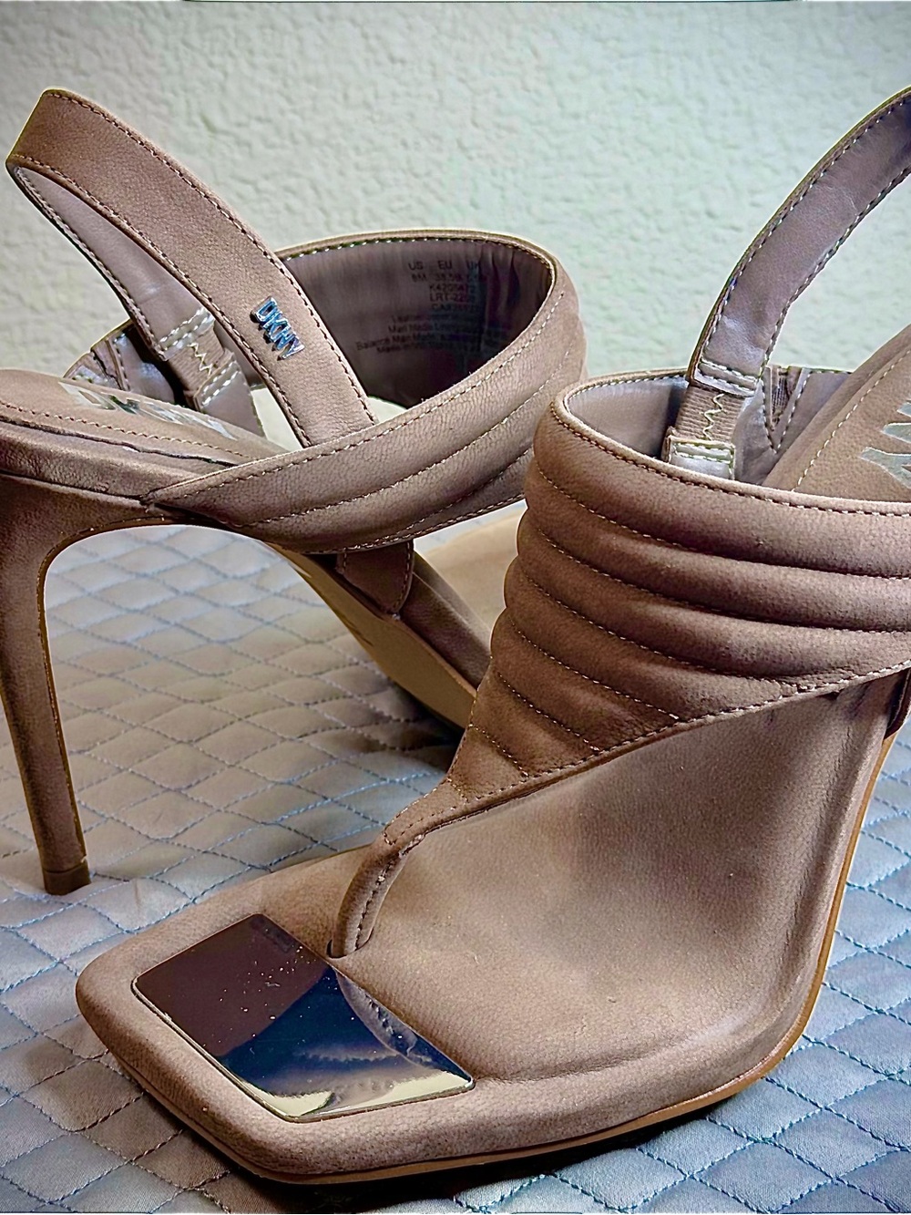 DKNYC Taupe Strappy Stiletto Sandals with Metallic Toe Plate